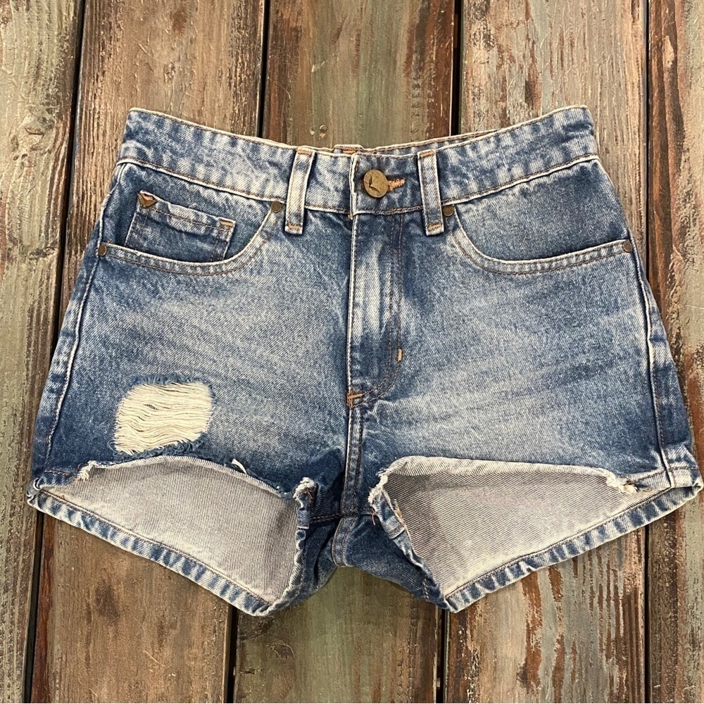 Rapsodia 22 (XS) Denim Shorts Womens Distressed Mid Rise Logo 100% Cotton